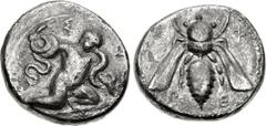 IONIA, Ephesos. Symmachy coinage. Circa 405/4 BC. AR Tridrachm (21mm, 10.43 g, 11h). The Herakliskos Drakonopnigon: the Infant Herakles crouching right, strangling a serpent coiled around each arm; Σ-