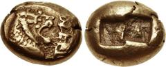 KINGS of LYDIA. Alyattes. Circa 610-560 BC. EL Trite – Third Stater (13mm, 4.73 g). Sardes mint. Confronted lion heads (only the left visible); [W]ALWET (in Lydian, retrograde) between / Two incuse sq