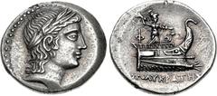 LYCIA, Phaselis. Circa 167-130 BC. AR Stater (25mm, 10.95 g, 1h). Polykrates, magistrate. Head of Apollo right, wearing laurel wreath / Athena Promachos striding right, Φ and coiled serpent flanking, 