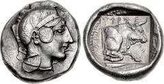 DYNASTS of LYCIA. Kherei. Circa 410-390 BC. AR Stater (18mm, 8.52 g, 7h). Head of Athena right, wearing crested Attic helmet decorated with palmettes and spiral ornament on the bowl / Forepart of bull