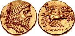 SELEUKID KINGS of SYRIA. Andragoras. Usurper king of Parthia, circa 245-239/8 BC. AV Stater (16mm, 8.50 g, 6h). Diademed head right, drapery around neck; monogram to left / Nike, holding kentron in ex