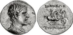 BAKTRIA, Greco-Baktrian Kingdom. Eukratides I Megas. Circa 170-145 BC. AR Tetradrachm (31mm, 16.96 g, 12h). Diademed and draped bust right / BAΣIΛEΩΣ above, EYKPATIΔOY in exergue, the Dioskouroi, hold