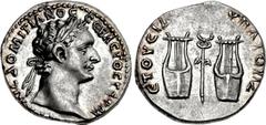 LYCIA. Domitian. AD 81-96. AR Drachm (18mm, 3.45 g, 6h). Probably Rome mint. Struck AD 95. [AYT K]AIC ΔOMITIANOC CЄBACTOC ΓЄPM, laureate head right / ЄTOYC IΔ YΠATOC IZ, winged caduceus between two ly