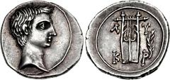 LYCIAN LEAGUE. Augustus. 27 BC-AD 14. AR Drachm (19mm, 3.63 g, 12h). Cragus mint. Struck circa 27-20 BC. Bare head right / Lyre; Λ-Y and K-P across, branch to right. Troxell, Lycia 111.3 = SNG Ashmole