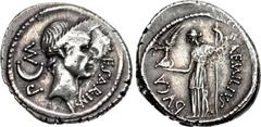 The Caesarians. Julius Caesar. January-February 44 BC. AR Denarius (19mm, 4.21 g, 9h). Rome mint. L. Aemilius Buca, moneyer. Wreathed head of Caesar right; CAESAR • IM downwards before, large crescent
