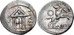 The Caesarians. Julius Caesar. April-May 44 BC. AR Denarius (18mm, 3.98 g, 6h). Rome mint. P. Sepullius Macer, moneyer. Struck under Mark Antony. Tetrastyle temple with globe in pediment; C[LEMENTIAE 