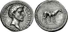The Republicans. Labienus. Early 40 BC. AR Denarius (19mm, 3.58 g, 5h). Uncertain mint in Syria or southeastern Asia Minor. Bare head right; Q • LABIENVS PARTHICVS • IMP around / Horse standing right 