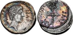 The Triumvirs. Octavian and Mark Antony. Late 40-early 39 BC. AR Denarius (19mm, 3.79 g, 10h). Southern or central Italian mint. Bare head of Octavian right, wearing slight beard; CAESAR up right, [IM