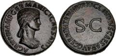 Agrippina Senior. Died AD 33. Æ Sestertius (35mm, 29.73 g, 6h). Rome mint. Struck under Claudius. AGRIPPINA · M · F · GERMANICI · CAESARIS ·, draped bust right, with hair in long plait / TI CLAVDIVS ·