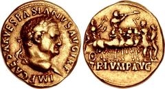 Vespasian. AD 69-79. AV Aureus (17mm, 7.32 g, 6h). “Judaea Capta” commemorative. Lugdunum (Lyon) mint. Struck circa AD 70-71. IMP CAESAR VESPASIANVS AVG TR P, laureate head right / TRIVMP • AVG in exe