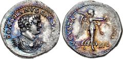 Domitian. As Caesar, AD 69-81. AR Denarius (18mm, 3.39 g, 6h). Ephesus mint. Struck AD 71. DOMITIANVS CAESAR [AVG F], bareheaded and cuirassed bust right / [P]ACI AVGVSTAE, Victory alighting right, ho