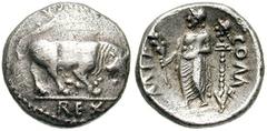 CELTIC BRITAIN, The Atrebates. Verica. Circa 10-40 AD. AR Unit (1.12 gm). VERICA REX, bull butting right / COMMI F, figure standing left, holding branch, head on standard to right. Hobbs 1450ff; Van A