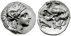 CALABRIA, Tarentum. Circa 380-334 BC. AR Diobol (1.13 gm). Estimate $300  CALABRIA, Tarentum. Circa 380-334 BC. AR Diobol (1.13 gm). Head of Athena right, helmet decorated with Skylla hurling a stone 