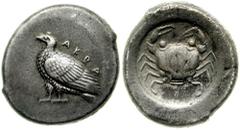 SICILY, Akragas. Circa 510-480 BC. AR Didrachm (8.58 gm). Estimate $1000 SICILY, Akragas. Circa 510-480 BC. AR Didrachm (8.58 gm). AKRA, eagle standing left / Crab. Jenkins, Gela, Group III; SNG ANS 9