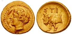 SICILY, Stiela. Circa 405 BC. AV 10 Litrae or didrachm (0.90 gm). Estimate $20000 SICILY, Stiela. Circa 405 BC. AV 10 Litrae or didrachm (0.90 gm). Head of young river-god left, with short hair bound 