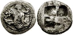 MACEDON, Uncertain. Circa 510-480 BC. AR Didrachm (7.02 gm). Estimate $3000 MACEDON, Uncertain. Circa 510-480 BC. AR Didrachm (7.02 gm). Conjoined foreparts of winged horse and winged lion, tête-beche