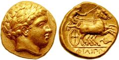 KINGS of MACEDON. Philip II. 359-336 BC. AV Stater (8.60 gm). Estimate $1500 KINGS of MACEDON. Philip II. 359-336 BC. AV Stater (8.60 gm). Amphipolis mint. Struck circa 340-328 BC. Laureate head of Ap