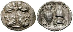 ISLANDS off THRACE. Thasos. Circa 404-340 BC. AR Diobol (1.51 gm). Estimate $1000 ISLANDS off THRACE. Thasos. Circa 404-340 BC. AR Diobol (1.51 gm). Janiform head of satyr / Q-A-S-I, two amphorae, the