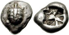 AEGINA. Circa 525-500 BC. AR Stater (12.42 gm). Estimate $1000 AEGINA. Circa 525-500 BC. AR Stater (12.42 gm). "Proto-tortoise", turtle with globular segmented shell, pointed hindquarter; counterstamp