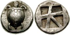 AEGINA. Circa 480-457 BC. AR Stater (12.32 gm). Estimate $1250  AEGINA. Circa 480-457 BC. AR Stater (12.32 gm). T-back turtle; turtle's head seen in profile / Large skew pattern incuse. SNG Delepierre
