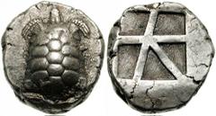 AEGINA. Circa 457-431 BC. AR Stater (12.34 gm). Estimate $1000 AEGINA. Circa 457-431 BC. AR Stater (12.34 gm). Land tortoise with segmented shell / Skew pattern incuse. SNG Delepierre 1535; Milbank pl