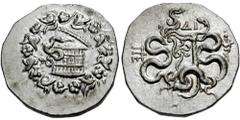 MYSIA, Pergamon. Circa 104-98 BC. AR Cistophoric Tetradrachm (12.66 gm). Estimate $300 MYSIA, Pergamon. Circa 104-98 BC. AR Cistophoric Tetradrachm (12.66 gm). Cista mystica with serpent; all within i