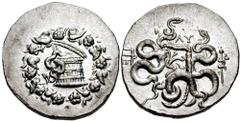 MYSIA, Pergamon. Circa 98-95 BC. AR Cistophoric Tetradrachm (12.64 gm). Estimate $300 MYSIA, Pergamon. Circa 98-95 BC. AR Cistophoric Tetradrachm (12.64 gm). Cista mystica with serpent; all within ivy