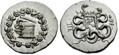 MYSIA, Pergamon. Circa 95-92 BC. AR Cistophoric Tetradrachm (12.58 gm). Estimate $300 MYSIA, Pergamon. Circa 95-92 BC. AR Cistophoric Tetradrachm (12.58 gm). Cista mystica with serpent; all within ivy