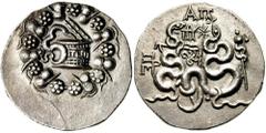 MYSIA, Pergamon. Circa 76 BC. AR Cistophoric Tetradrachm (12.04 gm). Estimate $300 MYSIA, Pergamon. Circa 76 BC. AR Cistophoric Tetradrachm (12.04 gm). Cista mystica with serpent; all within ivy wreat