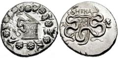 LYDIA, Tralles. After 133 BC. AR Cistophoric Tetradrachm (12.73 gm). Estimate $300 LYDIA, Tralles. After 133 BC. AR Cistophoric Tetradrachm (12.73 gm). Cista mystica with serpent; all within ivy wreat