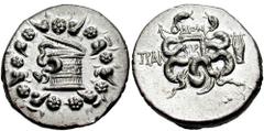 LYDIA, Tralles. After 133 BC. AR Cistophoric Tetradrachm (12.66 gm). Estimate $300 LYDIA, Tralles. After 133 BC. AR Cistophoric Tetradrachm (12.66 gm). Cista mystica with serpent; all within ivy wreat