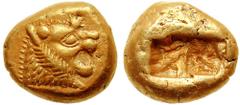 KINGS OF LYDIA. Uncertain king. Circa 600 BC. EL Trite (4.72 gm). Estimate $1250  KINGS OF LYDIA. Uncertain king. Circa 600 BC. EL Trite (4.72 gm). Head of roaring lion right, knob with five rays on f