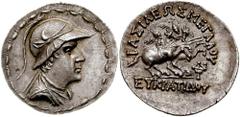 KINGS of BAKTRIA (Graeco-Baktrian). Eukratides I. Circa 171-145 BC. AR Tetradrachm (17.02 gm). Estimate $900 KINGS of BAKTRIA (Graeco-Baktrian). Eukratides I. Circa 171-145 BC. AR Tetradrachm (17.02 g