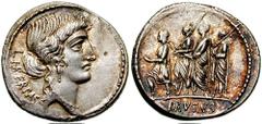 M. Junius Brutus. 54 BC. AR Denarius (3.98 gm). Estimate $500  M. Junius Brutus. 54 BC. AR Denarius (3.98 gm). Bust of Liberty right; LIBERTAS behind / The consul L. Junius Brutus walking left between