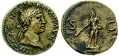 TRAJAN. 98-117 AD. Æ Semis (2.89 gm). Estimate $750 TRAJAN. 98-117 AD. Æ Semis (2.89 gm). IMP CAE[S] NERVA TRAIAN AVG, laureate head right / S C, nude statue of Hercules, draped in lion skin and holdi