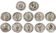 Lot of twenty-four AR Denarii of Macrinus. Estimate $2000 Lot of twenty-four AR Denarii of Macrinus. All different types and varieties. Reverse types: Aequitas. RSC 2b // Felicitas. RSC 15, 15a // Fid