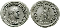 GORDIAN II. 238 AD. AR Denarius (2.98 gm). Estimate $2000 GORDIAN II. 238 AD. AR Denarius (2.98 gm). IMP M ANT GORDIANVS AFR AVG, laureate, draped and cuirassed bust right, seen from behind / PROVIDEN