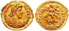HONORIUS.393-423 AD. AV Tremissis (1.39 gm). Mediolanum (Milan) mint. Struck 398 AD. Estimate $500 HONORIUS.393-423 AD. AV Tremissis (1.39 gm). Mediolanum (Milan) mint. Struck 398 AD. D N HONORI-VS P 