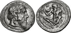 SICILY, Naxos. Circa 461-430 BC. AR Drachm (19mm, 4.16 g, 7h). Bearded head of Dionysos right, wearing tainia decorated with an ivy branch / Silenos, nude and bearded, squatting half-left, holding kan