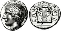 MACEDON, Chalkidian League. Circa 400-385 BC. AR Tetradrachm (22mm, 14.41 g, 3h). Olynthos mint. Head of Apollo left, wearing laurel wreath / Kithara; X-A-Λ-KIΔ-EΩN around; all within incuse square. R
