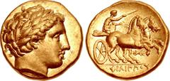 KINGS of MACEDON. temp. Philip II – Alexander III. Circa 340/36-328 BC. AV Stater (17mm, 8.62 g, 9h). In the name and types of Philip II. Pella mint. Laureate head of Apollo right / Charioteer driving