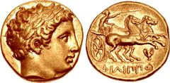 KINGS of MACEDON. temp. Philip II – Alexander III. Circa 340/36-328 BC. AV Stater (18mm, 8.61 g, 6h). In the name and types of Philip II. Pella mint. Laureate head of Apollo right / Charioteer driving