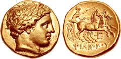 KINGS of MACEDON. temp. Philip II – Alexander III. Circa 340/36-328 BC. AV Stater (18mm, 8.59 g, 8h). In the name and types of Philip II. Pella mint. Laureate head of Apollo right / Charioteer driving