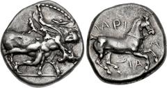 THESSALY, Larissa. Circa 420-400 BC. AR Drachm (18mm, 6.23 g, 5h). Thessalos, nude but for chlamys and petasos hanging from around his neck, holding a band around the head of bull rushing right, which