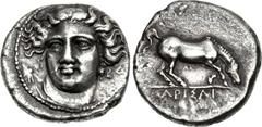 THESSALY, Larissa. Circa 405/0-370 BC. AR Drachm (19mm, 5.91 g, 9h). Early facing head type. Head of the nymph Larissa facing slightly left, wearing hair band inscribed ΓEY, pendant earring, and neckl
