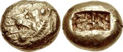 KINGS of LYDIA. Alyattes. Circa 610-560 BC. EL Trite – Third Stater (12mm, 4.70 g). Lydo-Milesian standard. Figural type. Sardes mint. Confronted lion heads (only the right visible); WALW[ET] (in Lydi