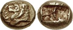 KINGS of LYDIA. Alyattes. Circa 610-560 BC. EL Hekte – Sixth Stater (10mm, 2.38 g). Lydo-Milesian standard. Figural type. Sardes mint. Confronted lion heads (only the right visible); [WA]LWE[T] (in Ly