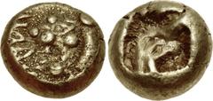 KINGS of LYDIA. Alyattes. Circa 610-560 BC. EL Hemihekte – Twelfth Stater (7mm, 1.18 g). Lydo-Milesian standard. Figural type. Sardes mint. Confronted lion heads (only the left visible); WALW[ET] (in 