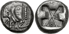 DYNASTS of LYCIA. Uncertain dynast. Circa 500-470/60 BC. AR Stater (17mm, 9.27 g). ‘Protodynastic’ period, Group A. Forepart of boar left; ΘM on shoulder / Incuse square divided by large X, indentatio