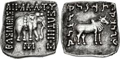 BAKTRIA, Greco-Baktrian Kingdom. Apollodotos I Soter. Circa 180-160 BC. AR Drachm (16mm, 2.36 g, 12h). Elephant, wearing string of bells standing right; monogram in exergue / Zebu standing right; taur